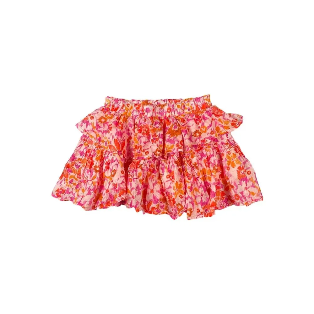 OLIVACEOUS Floral Tiered Ruffle Mini Skirt Smocked Waist Pink Orange Boho- M - Picture 1 of 4
